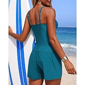 お買い得  サーフィンタンクiniとビキニ-女性用 ルーシュタンキニ 水着 2個 ソリッド UVプロテクション 弾性ある ノースリーブ スイムウェア サーフィン 潜水 水泳 夏