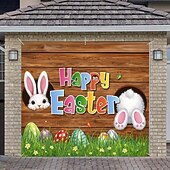お買い得  ホリデータペストリー-覗くウサギとカラフルな卵が付いたイースターガレージカバー、お祝いの木製の背景の春の装飾、イースターのホームスタイリングと季節の壁の装飾に最適です