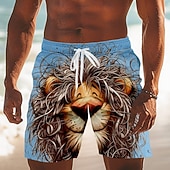 baratos Animais &amp; Aves-Homens Desenho Animado Leão Engraçado Calção Justo de Natação Shorts de Natação Bermuda de Surf Cintura Média Havaiana férias na praia Bolsos laterais Forro de malha Cintura elástica com cordão