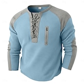  Men's Waffle T-shirt T Shirt Long Sleeve Round Neck Lace Up Neck Fall Fall & Winter Solid Color Color Block Traditional / Vintage Casual Drawstring Home Outdoor Sports & Outdoor Light Blue Black White