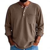 お買い得  カジュアルヘンリーTシャツ-男性用 ヘンリーシャツ Tシャツ コットン100% アシッドウォッシュシャツ ヘンリートップ 長袖 純色 平織り ヴィンテージ ファッション レトロ風 色褪せた ボタン ヘンリー カジュアル 日常 アウトドア 夏 春 オールシーズン ブルー ダークレッド ブラック ヘンリーTシャツ