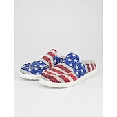  USA 250. Jubiläum Frauen Rot Blau Amerikanische Flagge Druck Komfort Mules – Leinenschlupfschuhe für USA 4. Juli Outdoor-Events Reisen und alltägliche Kleidung