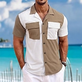 cheap Men's Work Shirts-Men's Shirt Waffle Shirt Casual Shirt Work Shirt Button Up Shirt Blue Black Green khaki Gray Short Sleeve Plain Cuban Collar Casual Daily Front Pocket Clothing Apparel Elegant Fashion Casual