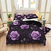 abordables Juegos de funda nórdica-Juego de funda nórdica con estampado de flores y mariposas de rosas moradas, juego de cama estilo hotel con 1 funda nórdica y 2 fundas de almohada, tela de felpa suave, no incluye edredón.