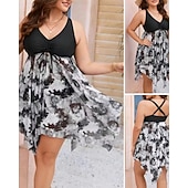 お買い得  サーフィンタンクiniとビキニ-女性用 光 プラスサイズの水着 サーフィン用タンキニ＆ビキニ 水着 花 オープンバック UVプロテクション 弾性ある ノースリーブ スイムウェア 水着 サーフィン 潜水 水泳 夏