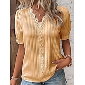 Pentru femei Tricou Tee Top Dantelă Peteci Simplu Modă Stilat Clasic Manșon scurt În V Topuri obișnuite Zilnic Ieșire Sfârșit de săptămână Negru Alb Galben Albastru celest Mov Vară Primăvară