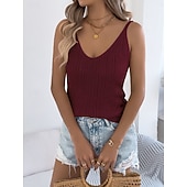 ieftine Rezervor simplu-Pentru femei Pulover Casual Moale Culoare pură Striat În V Tricotat Găurite Fără manșon Topuri obișnuite Tricotat Zilnic În aer liber Sfârșit de săptămână Alb Roșu Vin Vară