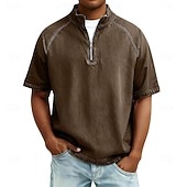 voordelige basis t-shirts-Heren Overhemd van 100% katoen met zure wassing T-shirt Korte mouw Opstaand Herfst winter Lente Herfst Effen Vintage Streetwear Casual Rits omhoog Kledingstuk geverfd Standaard Casual Huis Straat