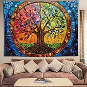 preiswerte Wandteppiche-Wandteppich mit Lebensbaum-Motiv aus Buntglas im Mosaikstil, farbenfrohe und lebendige Kunst, Heimdekoration für Wohnzimmer und Schlafzimmer, großes Stoffposter
