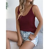 ieftine Rezervor simplu-Pentru femei Pulover Casual Moale Culoare pură Striat În V Tricotat Găurite Fără manșon Topuri obișnuite Tricotat Zilnic În aer liber Sfârșit de săptămână Alb Roșu Vin Vară