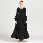 economico Sala da Ballo Standard-abito da ballo da sala nero da donna con scollo a V, maniche a balze multistrato, abito da valzer, abbigliamento da ballo moderno standard da competizione