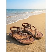 tanie Kobiety-damskie sandały w stylu boho z koralikami - ręcznie robione płaskie sandały zdobione kwiatowymi motywami na lato, plażę i na co dzień