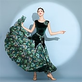 abordables Salle de Bal Standard-Robe de bal rouge en velours pour femme, sans manches, à imprimé floral, jupe ample, style valse, tango, moderne, standard, compétition.