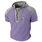  Men's Waffle Henley Shirt Tee Top Short Sleeve Hooded Lace Up Neck Summer Spring All Seasons Solid Color Fashion Designer Casual Color Block Casual Daily Outdoor Light Blue Black Wine Top Tee for Men