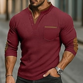billige Uformell Henley T-skjorte-Herre Vaffel T-skjorte Vaffel Henley-skjorte Herreskjorter med albuelapper Langermet Høy krage Vinter Høst Alle årstider Helfarge Mote Grunnleggende Fritid Lommer falske to stykker Avslappet Gate