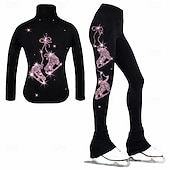 baratos Roupa de Treino de Patinação Artística-Jaqueta de patinação artística com calça, conjunto feminino/infantil para patinação no gelo, preto, elástico, para treino e competição, térmico, com cristais/strass, manga comprida.