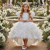 economico Abiti da Fiori-Abito da damigella d'onore bambina Ragazze Abito formale Abiti da sposa Feste Matrimonio Formale Moda Formale Principessa Abito per la Prima Comunione Rete Tinta unica Manica Corta Girocollo Bianco