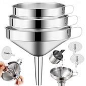 abordables Utensilios de cocina y gadgets-Juego de 6 filtros de embudo de acero inoxidable, 3 embudos de cocina nuevos de grado alimenticio con 3 coladores extraíbles, perfectos para transferir aceites líquidos, mermeladas, ingredientes secos