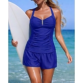 お買い得  サーフィンタンクiniとビキニ-女性用 ルーシュタンキニ 水着 2個 ソリッド UVプロテクション 弾性ある ノースリーブ スイムウェア サーフィン 潜水 水泳 夏