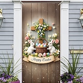 cheap Door Covers-Easter Cross Door Cover, Bunny Basket of Eggs with "Happy Easter" Greeting, Charming Holiday Decoration for Spring, Perfect for Easter Door and Outdoor Decor