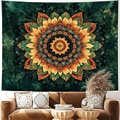 abordables Tapices de pared-Tapiz de mandala verde para colgar en la pared, diseño floral bohemio, gran sala de meditación zen, arte de pared estético, decoración del hogar, arte de pared, telón de fondo, póster de tela