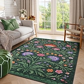 cheap Area Rugs-Area Rug Intricate Vine and Blossom Pattern on Deep Green Elegant Decorative Carpet for Living Room or Foyer