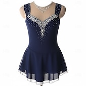 abordables Vestidos de Patinaje Artístico-Vestido de patinaje artístico Mujer Patinaje Sobre Hielo Vestidos Azul marinero Retazos Espalda Abierta Alta elasticidad Entrenamiento Competición Ropa de Patinaje Clásico Cristal / Strass Sin Mangas