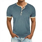 baratos Camiseta Henley Casual-Homens Camisa Henley Camisetas Camiseta 100% algodão Manga Curta Côr Sólida Tecido Cor Única Moda Designer Casual Bloco de cor Botões Henley Casual Diário Ao ar livre Primavera Verão Verão Primavera