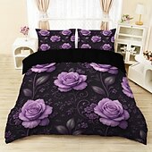 abordables Juegos de funda nórdica-Juego de funda nórdica con estampado de flores y mariposas de rosas moradas, juego de cama estilo hotel con 1 funda nórdica y 2 fundas de almohada, tela de felpa suave, no incluye edredón.
