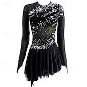 cheap Figure Skating Dresses-Figure Skating Dress Women's Girls' Ice Skating Dress Outfits Black Open Back Asymmetric Hem Spandex Mesh High Elasticity Competition Skating Wear Sequin Long Sleeve Figure Skating