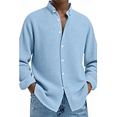 cheap Men's Button Up Shirts-Men's Shirt Waffle Shirt Casual Shirt Button Up Shirt Blue Black White Wine Navy Blue Long Sleeve Plain Lapel Casual Daily Clothing Apparel Fashion Streetwear