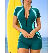cheap One Pieces Rash Guards-Women's Rash Guard Bathing Suit Swimsuits Patchwork Zip Up UV Protection Elastic Short Sleeve Swimwear Swimsuit Surfing Scuba Swimming Summer