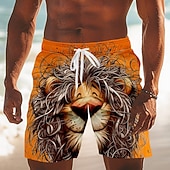 baratos Animais &amp; Aves-Homens Desenho Animado Leão Engraçado Calção Justo de Natação Shorts de Natação Bermuda de Surf Cintura Média Havaiana férias na praia Bolsos laterais Forro de malha Cintura elástica com cordão