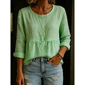 baratos Camisas-Mulheres Camisas com toque de linho Blusa Franzido Côr Sólida à moda Casual Manga Longa Gola Redonda Tops regulares Diário Azul Branco Verde Claro Rosa Verde Verão Primavera Outono