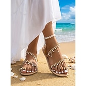tanie Kobiety-damskie sandały w stylu boho zdobione perłami i pętelką na palce - eleganckie letnie buty ślubne na plażę