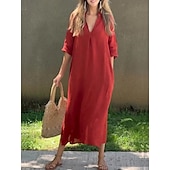 cheap Plain Dress-Women's Maxi Dress Shift Dress Summer Dress Casual Daily Loose Fit Plain 3/4 Length Sleeve V Neck Blue Black White Red Summer Spring Fall