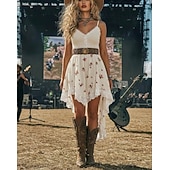 abordables Vestido Boho Occidental-Vestido mini para mujer, vestido casual, vestido de verano, vestido lencero, vestido bohemio, vintage, para vacaciones, diario, salidas, corte regular, floral, sin mangas, tirantes, negro, blanco, primavera verano