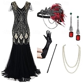 Недорогие платья 1920-х годов-Ретро Бурные 20-е 1920-е годы В пол Платья Инвентарь Коктейльные платья  Короткие рукава Великий Гэтсби Свадебный гость Пайетки V-образный вырез Маскарадный костюм Жен.