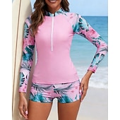 preiswerte One Pieces Rash Guards-Damen Anti UV Shirt Badeanzug mit Blumenmuster Badeanzug Bedruckt Reißverschluss Boyleg Ultraleicht (UL) UV Schutz Elastisch Langarm Bademode Surfen Schnorcheln Frühling