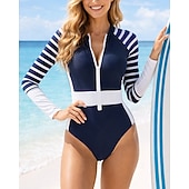 ieftine Rash guards One Piece-Pentru femei Bariere Iritatie Costum de baie Costume de baie Dungi Inchide fermuarul Picior scurt Protecție UV Uscare rapidă Elastic Manșon Lung Costume de Baie Costum de baie Surfing Plajă Înot Vară