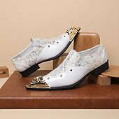levne Mokasíny-Pánské bílé společenské boty, elegantní květinový vzor, nazouvací, luxusní svatební obuv se zlatými detaily