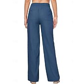 halpa Oleelliset keinotekoiset alaosat-Naisten Puuvillaiset pellavahousut Kiinalainen Kesähousut Suora Loma Perus Vapaa-aika Täyspitkä Korka vyötärö Yhtenäinen väri Tasku Elastinen vyötärönauha Mukava Pehmeä Elastinen ulko- Katu Sininen