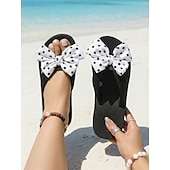 billiga Kvinnor-Damflip-flops med prickig rosett – avslappnade strandsandaler med bekväm platåsula för semester, sommar och avkoppling vid poolen