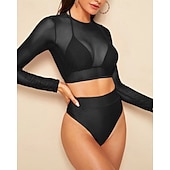 preiswerte Surfen Tankinis &amp; Bikinis-Damen Bikini-Sets Bikini mit hohem Bund Einfarbig Netz UV Schutz Elastisch Langarm Bademode Badeanzug Surfen Tauchen Schwimmen Sommer