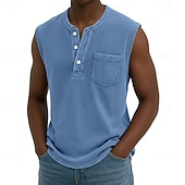 abordables Débardeurs-Débardeur pour homme SoftFade™ sans manches chemise sans manches Henley été printemps uni basique poche style vintage teinture en pièce vacances street décontracté quotidien noir haut Tee pour hommes