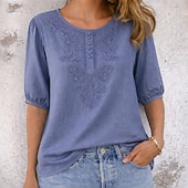 economico T-shirt semplice-Per donna Maglietta in cotone e lino T-shirt ricamata Bottoni Vintage Etnico Casual Mezza Manica Manica a Palloncino Henley Top Regolari Quotidiano Uscire Blu Bianco Giallo Arancione Cachi Estate