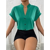  Dames Blouse Knop Effen Elegant Dagelijks Stijlvol Korte mouw V-hals Normale tops Dagelijks blauw Zwart Blozend Roze Oranje Groen Zomer Lente