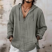 baratos Rua-Homens Camisa Social Camisa de linho Estilo Viking camisa de verão Roupa de Praia Camisa com capuz Côr Sólida Férias Rua Azul Marinha Azul Céu Laranja cáqui Manga Longa Com Capuz Verão Primavera Roupa