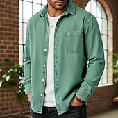 preiswerte Herrenhemd zum Knöpfen-Herren Hemd Freizeithemd Vintage-Shirt Knopfhemd Acid-Wash-Shirt Blau Schwarz Hellgrün Wein Marineblau Langarm Einfach Revers Lässig Streetwear Tasche Bekleidung Baumwolle Mode Retro Vintage Lässig