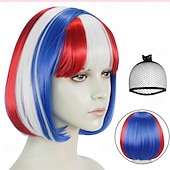  Sininen punainen valkoinen peruukki poninhäntällä naisille ja tytöille 4. heinäkuuta lyhyet bob-peruukit Neljännen heinäkuun juhlapuruukki kuumuudenkestävä synteettinen peruukki